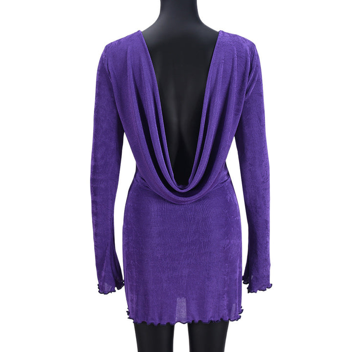 Spring Summer Women Clothing Wooden Ear Hollow Out Cutout Backless Long Sleeve Short Dress Women