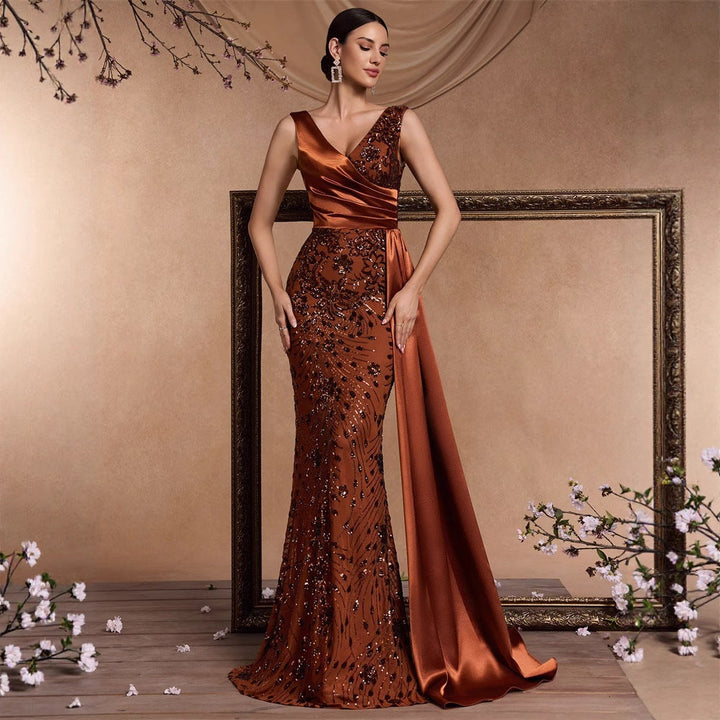 Elegant Sequin Stitching Fit V neck Sleeveless Elegant Gorgeous Noble Cocktail Party Formal Dinner Dress