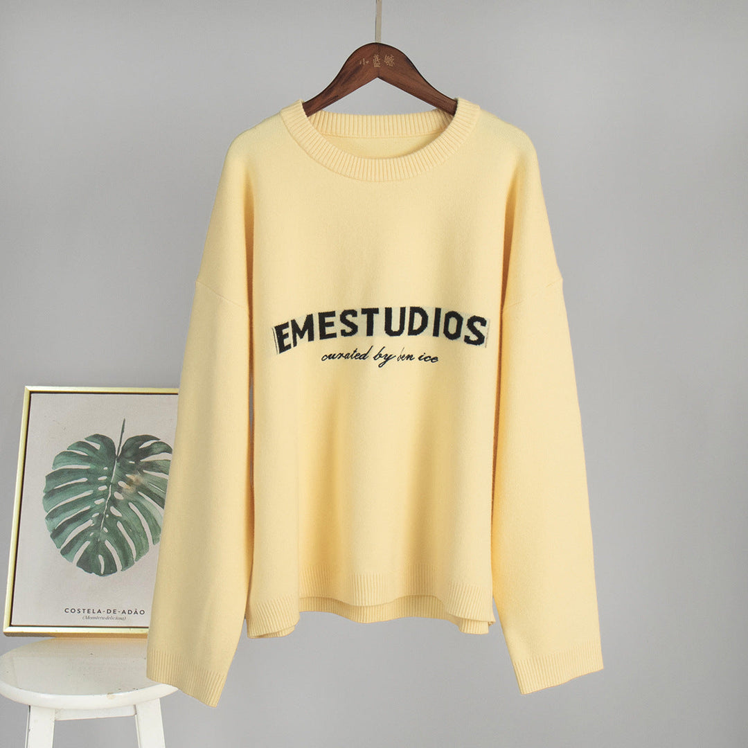Letters Brocade Sweater Women Autumn Winter Knitting Pullover Loose Lazy Embroidered Sweater Women