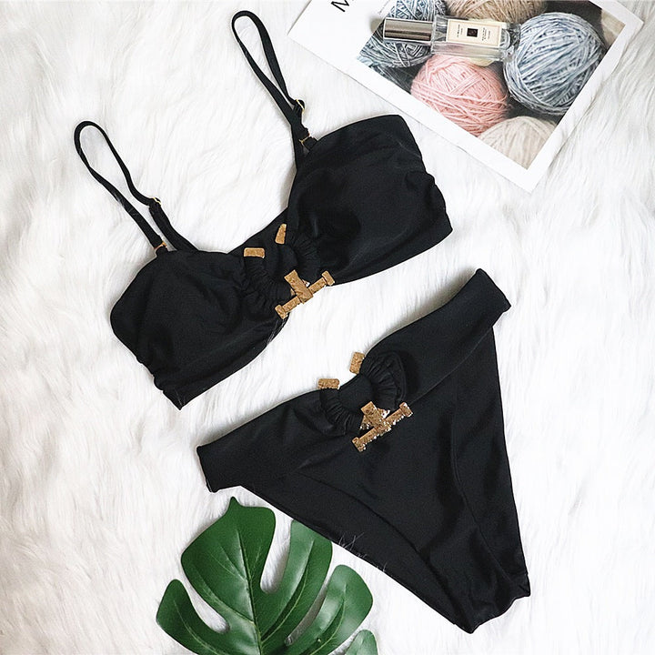 Sexy Swimsuit Metal Accessories Hollow Out Cutout Bikini Solid Color Tube-Top High Waist Women Swimwear