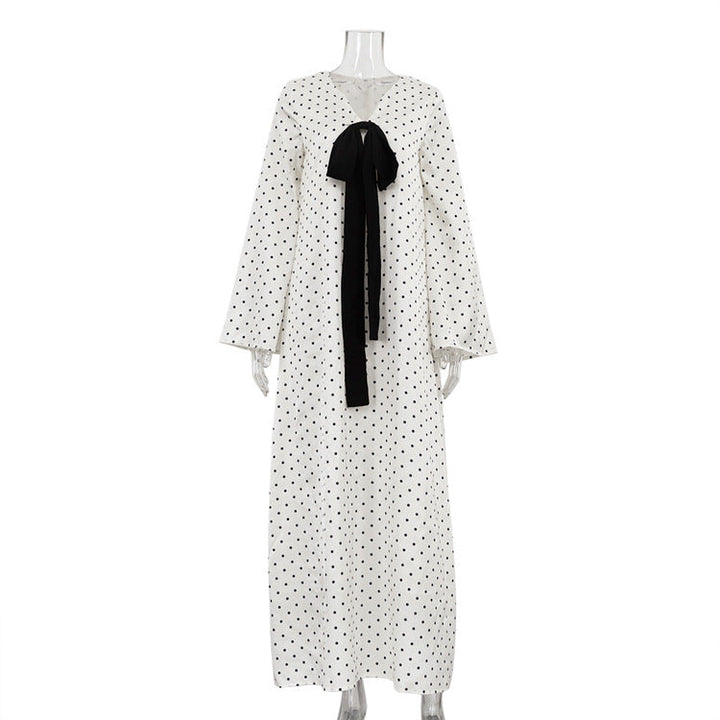 Design Bow V neck Long Sleeve Elegant Dress Women Digital Printing Polka Dot Maxi Dress