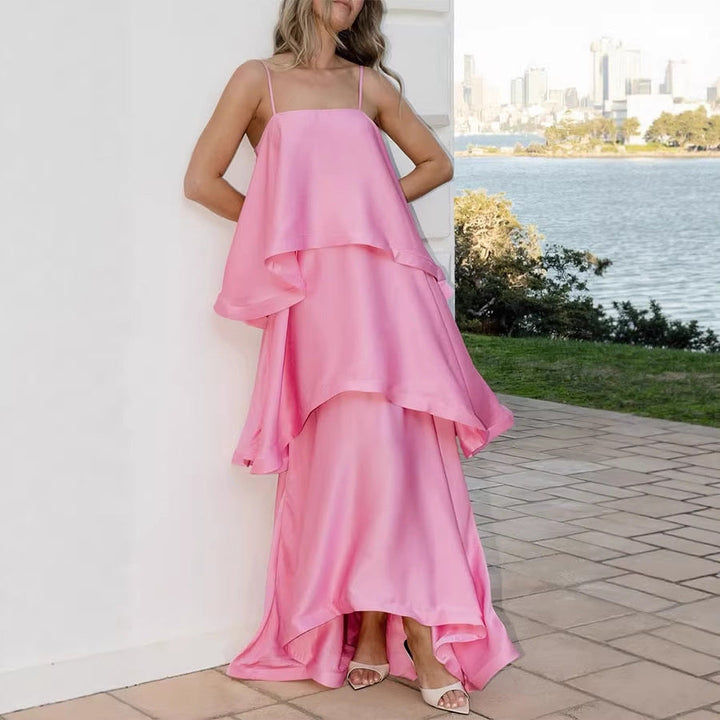 Spring Summer Satin Sling Multi Layer Dress Casual Loose Vacation Dress