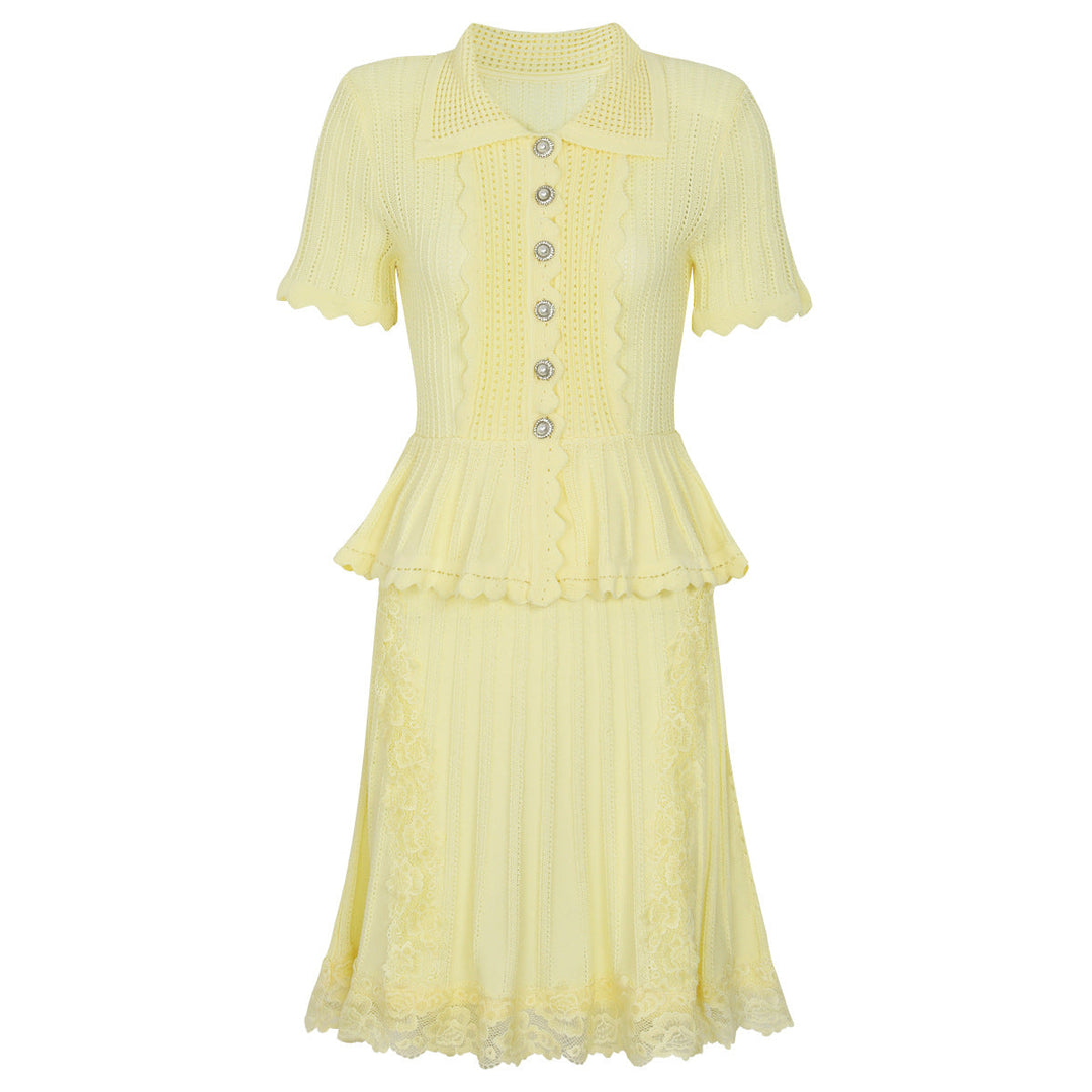 Summer Ladies Internet Popular Slim Fitting Slimming Pearl Buckle Faux Two Pieces Short Sleeve Dress