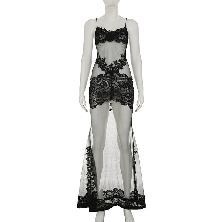 Summer Women Mesh Lace Lace Spaghetti Strap Dress See through Sexy Nightdress Vacation Maxi Dress