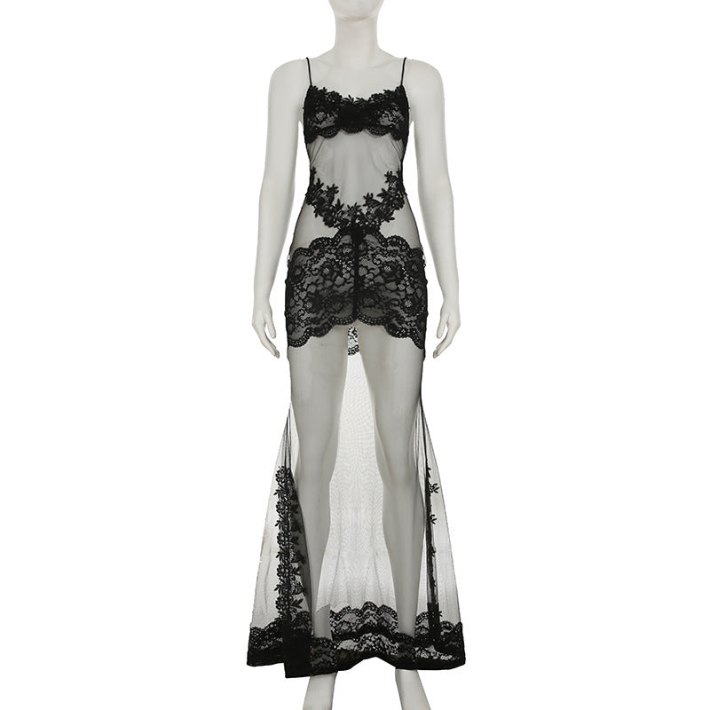 Summer Women Mesh Lace Lace Spaghetti Strap Dress See through Sexy Nightdress Vacation Maxi Dress
