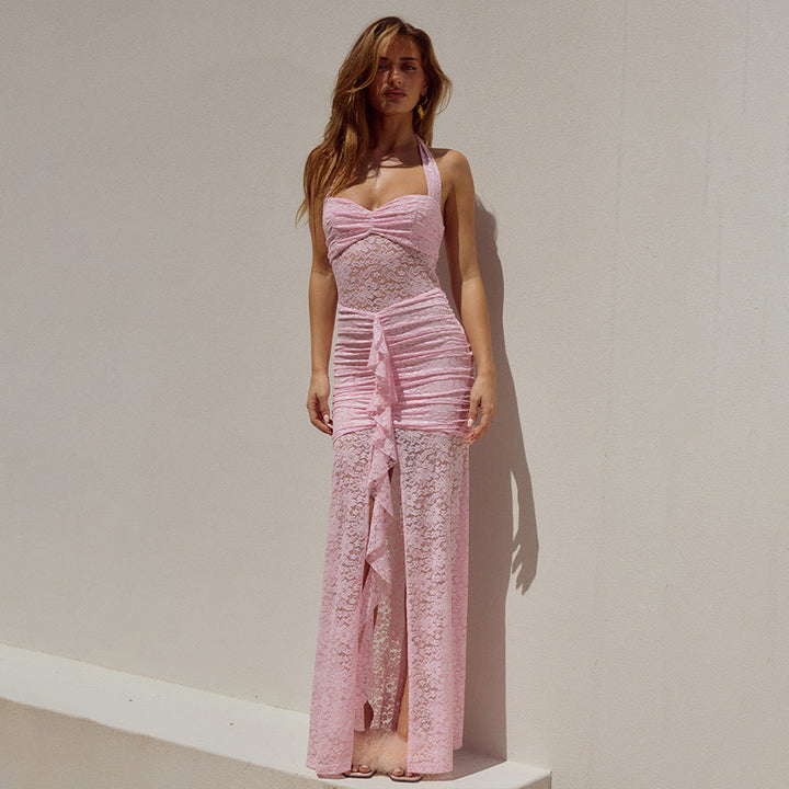 Summer Elegant Halter Lace Maxi Dress Sexy Sleeveless Backless Slim Fit Dress Women
