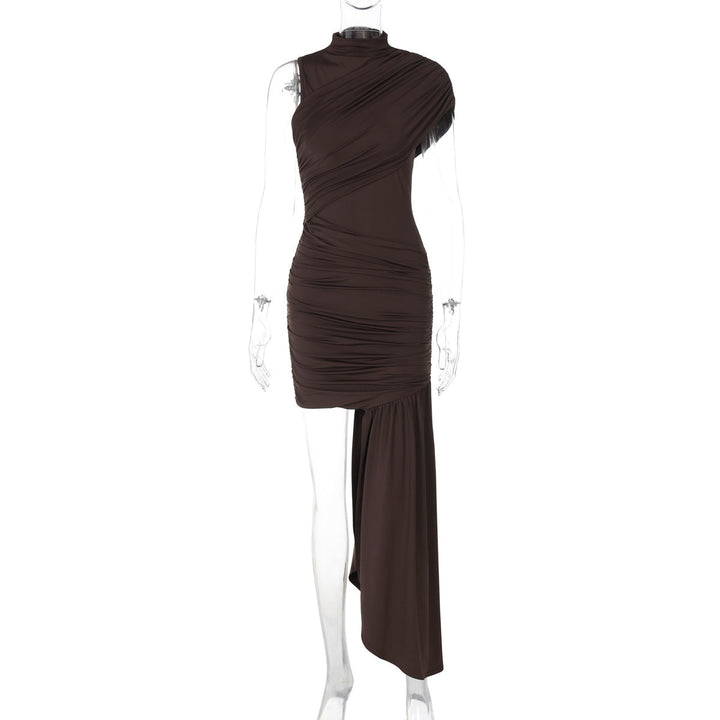 Women Clothing Spring Summer Slim round Neck Pleated Hip Irregular Asymmetric Sleeveless Dress