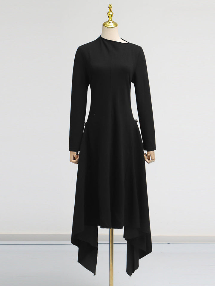 Simple Solid Color Dress Spring High Grade Waist Slimming Irregular Asymmetric Dress Women