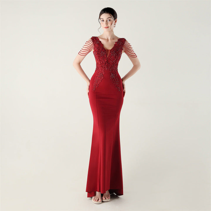 Satin Heavy Industry Beaded Three Dimensional Applique Boning Corset Waist-Tight Evening Dress Lace Tassels Design Cocktail Social Networking