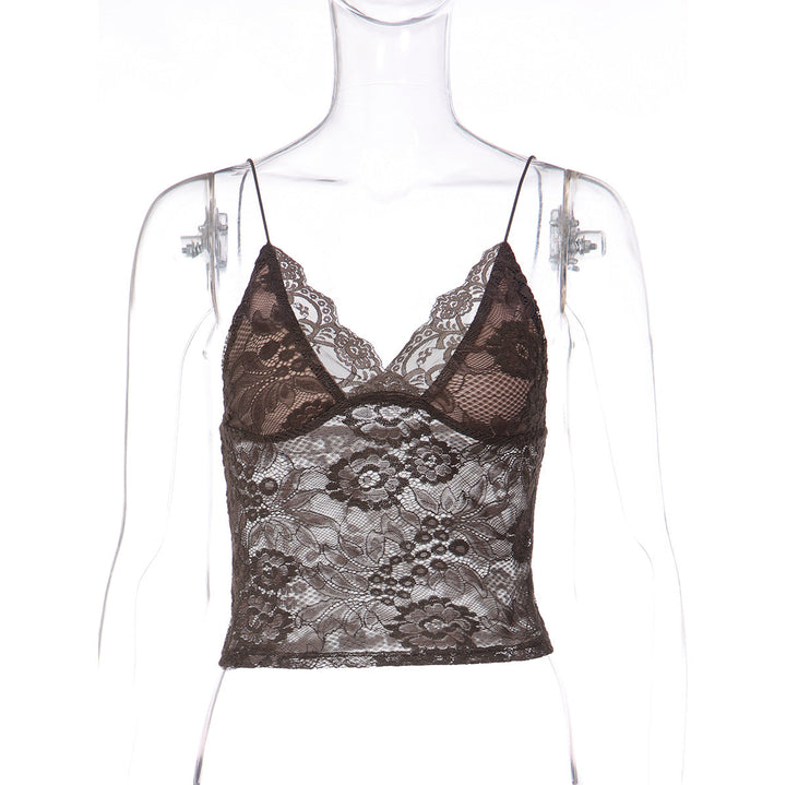 Women Clothing Sexy See through Lace Lace Spaghetti Strap Bandeau Slim Fit Deep V Plunge Vest