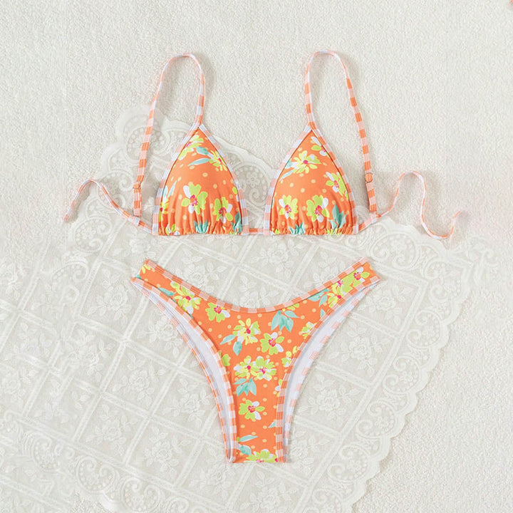Printed Lace up Bikini Swimsuit Women Holiday Spring Beach Swimsuit