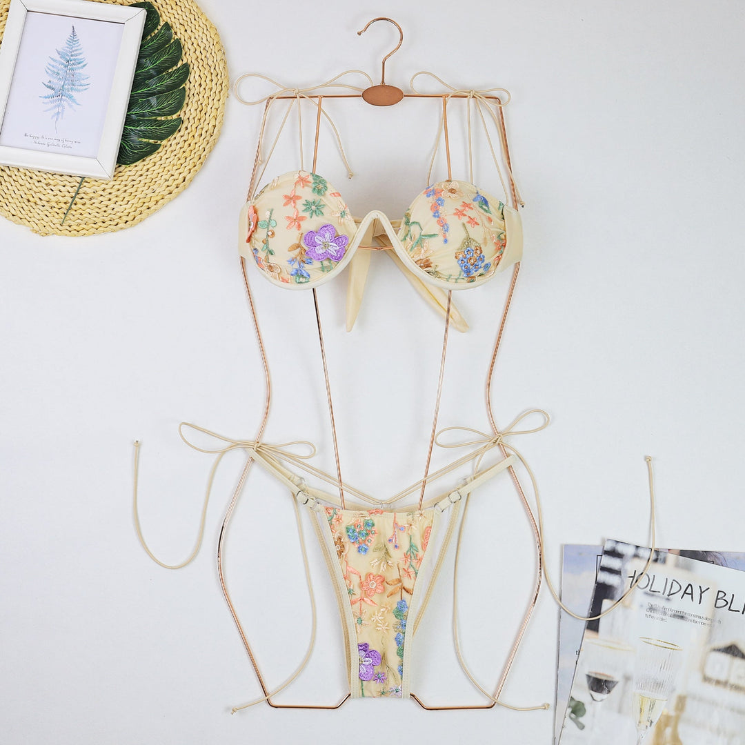 Embroidery Push up Bikini Swimsuit Women Sexy Thin Strap Three Point Steel Bracket Split Swimsuit