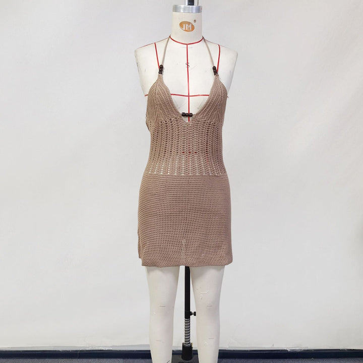 Women Spring Clothing Knitted Hollow Out Cutout Sexy V neck Halter Backless Lace up Beach Dress Women