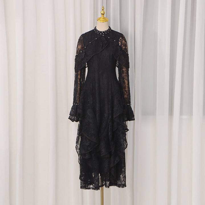 Summer Elegant Retro Cocktail Beaded Lace Bell Sleeve Dress Women