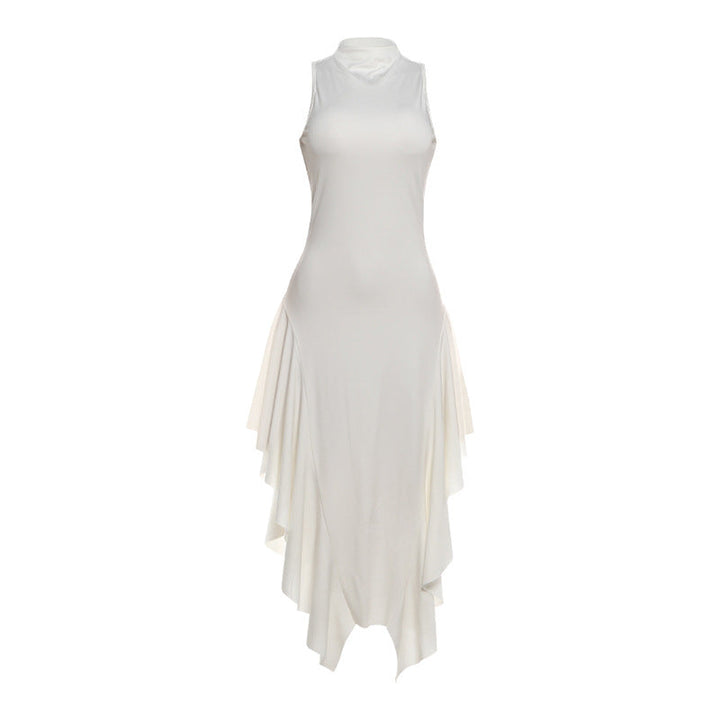 Summer Women Elegant Slim Stand Collar Irregular Asymmetric Skirt Socialite Dress