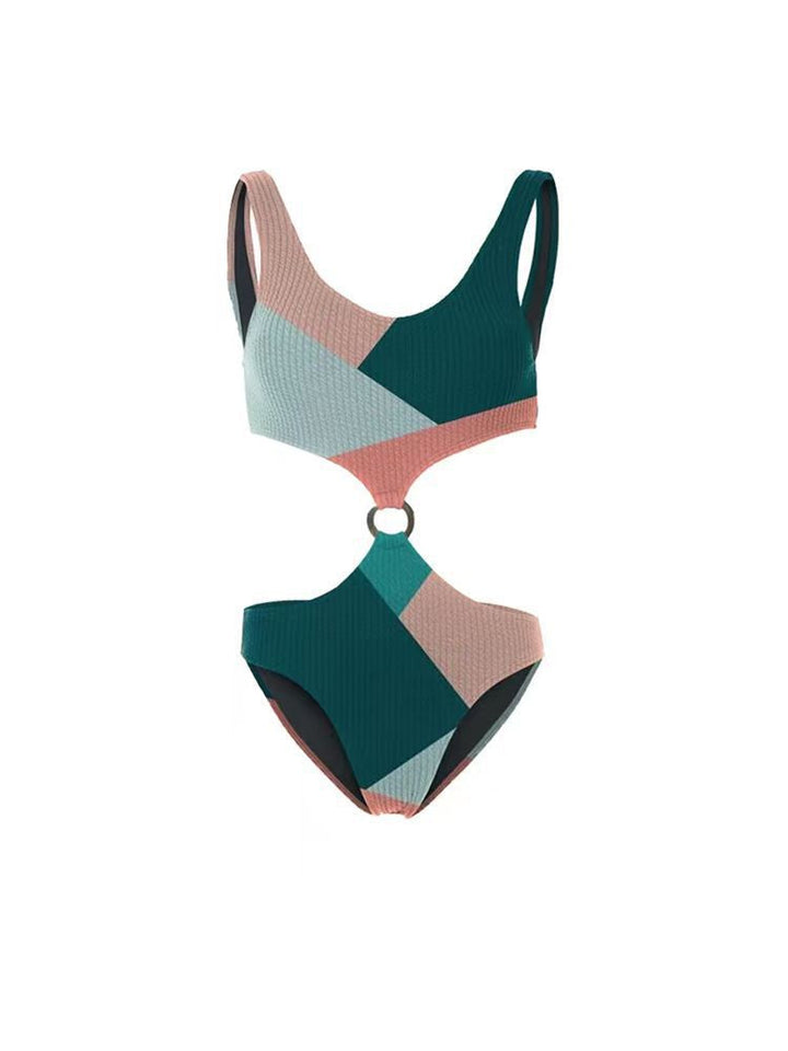 Contrast Color One Piece Bikini Two Piece Set Wishi Mesh Gauze Skirt Vacation Swimwear