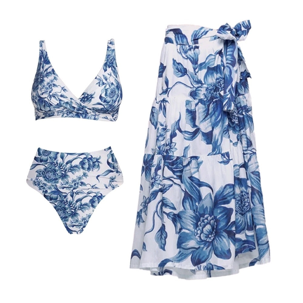 Bikini Blue Color Floral Vacation Split Swimsuit Women