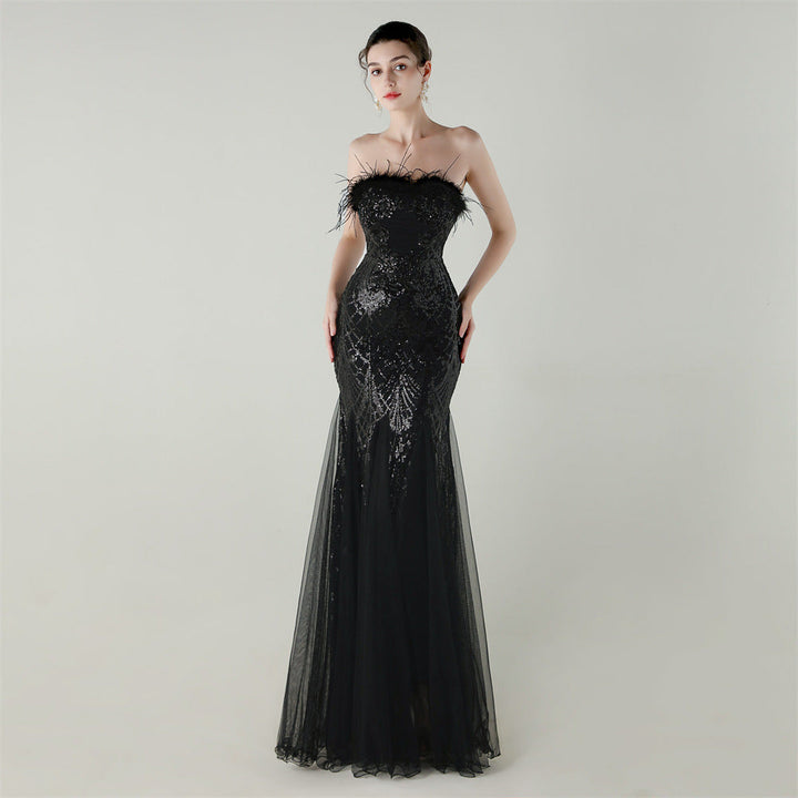 Sequin Beaded Tube Floral Ostrich Feather Tube Top Cross Strap Mesh Fishtail Evening Dress Cocktail Wedding