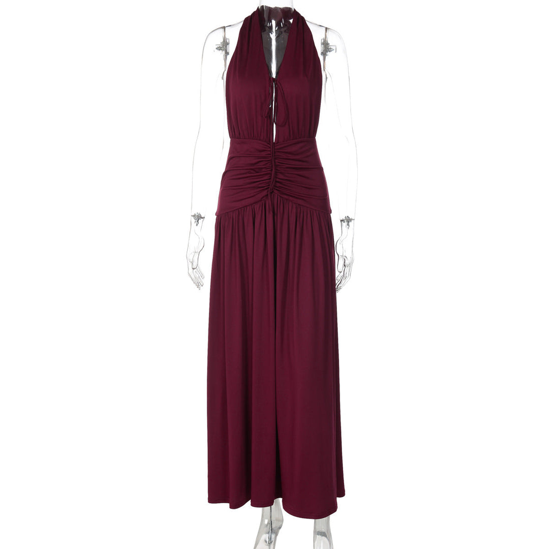 Women Clothing Sexy V neck Sleeveless Halter Pleated Waist Tight Slimming Evening Dress