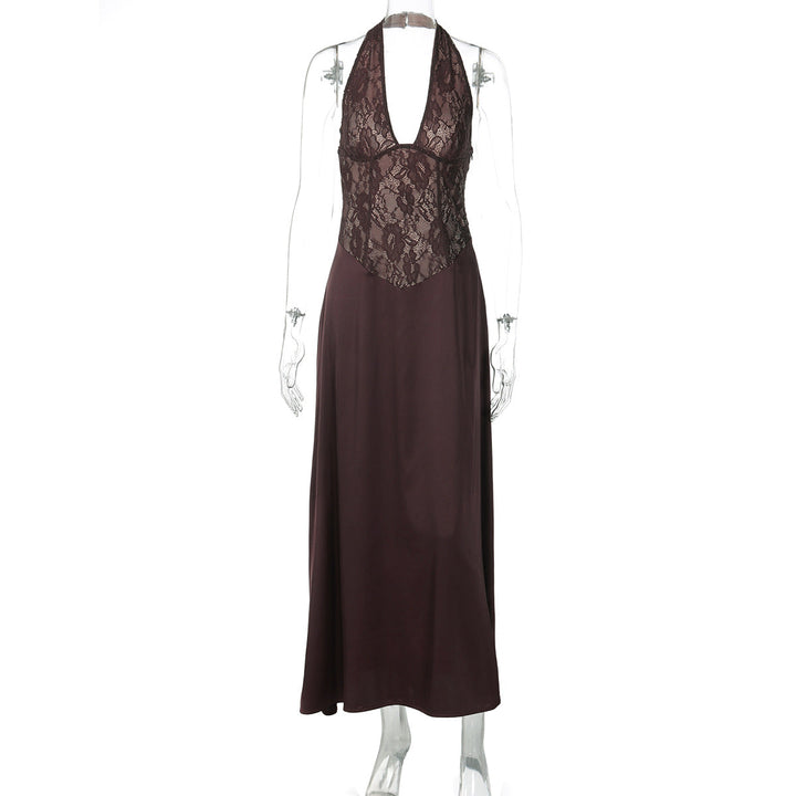 Women Clothing Winter Hollowed out Backless Lace Patchwork Waist Slimming Deep V Plunge Sexy Halter Dress