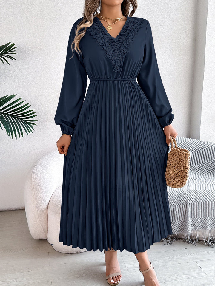 Spring Summer Elegant V neck Lace Cinched Pleated Maxi Dress Women Clothing