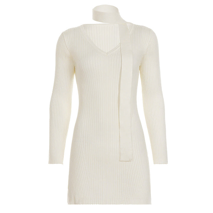 Elegance V neck Scarf Long Sleeve Woolen Dress Women Slim Fit Slimming Swing Dress
