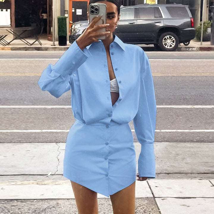 Spring Summer Comely Blue Loose Fitting Collared Shirt Sleeve Sheath Slim Dress Pencil Women