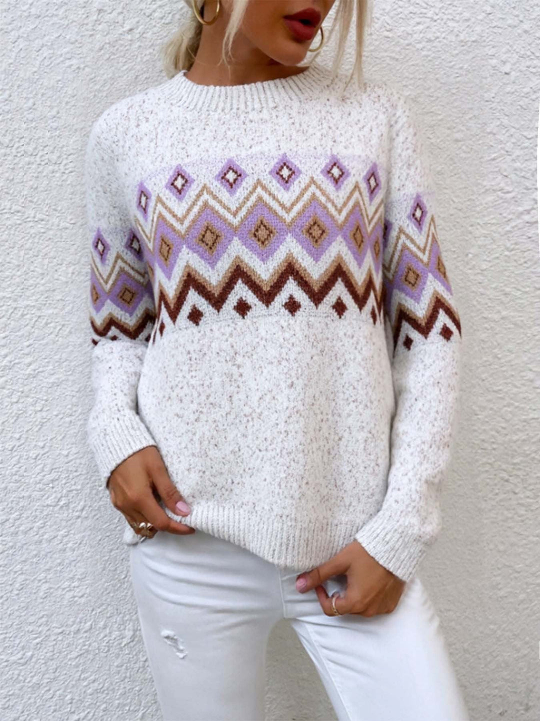 Women Clothing Autumn Winter Pullover Half Turtleneck Jacquard Long Sleeved Sweater Casual Loose Sweater