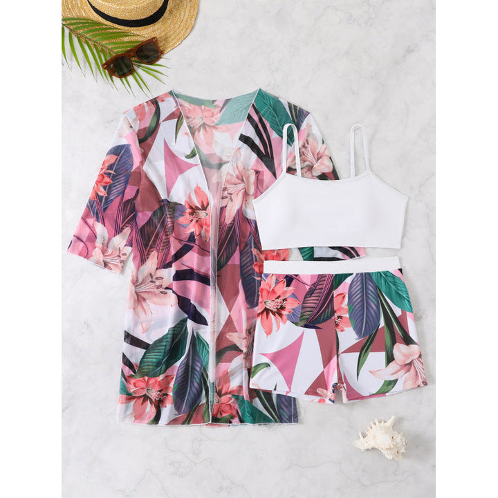 Swimsuit Women Print Casual Vacation Boxers Three Piece Sets Beach Cover up