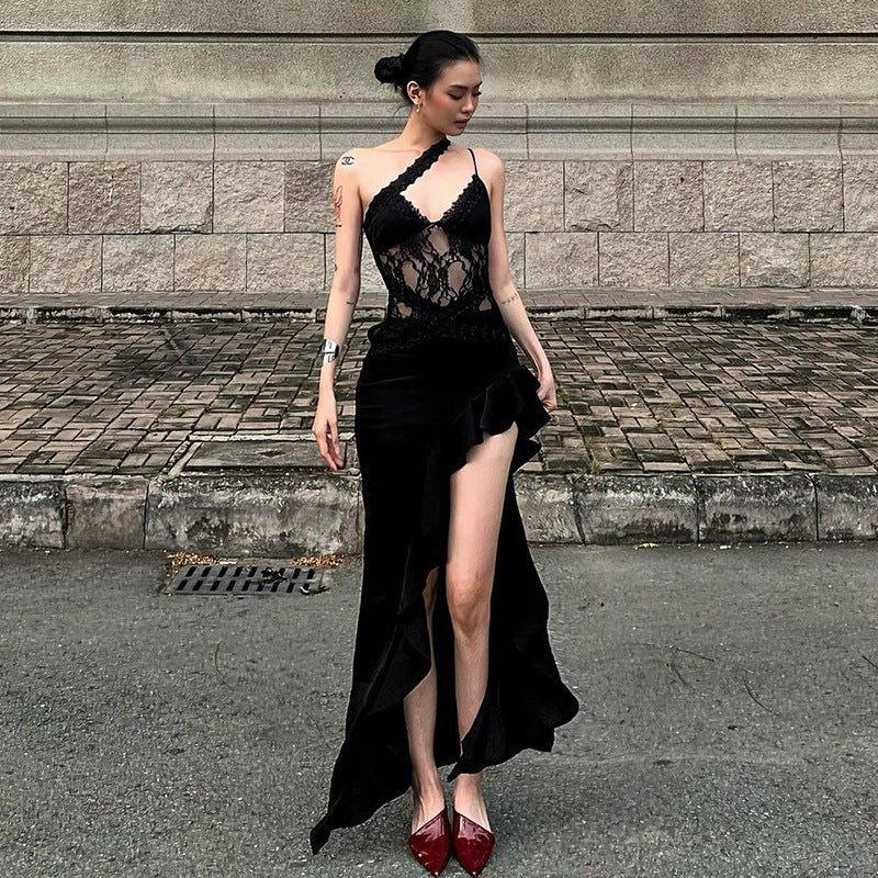 Winter Women Clothing Sexy Street Irregular Asymmetric Design Lace Stitching See through Backless Dress
