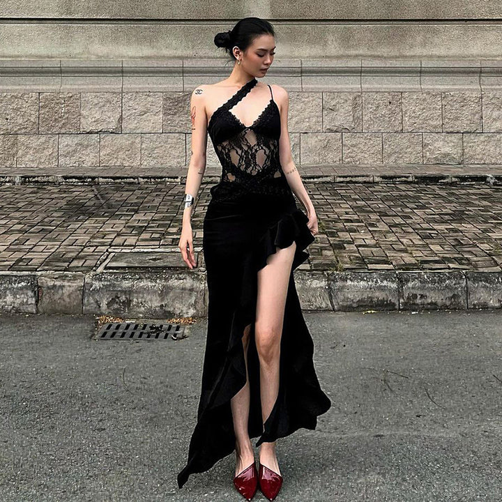 Winter Women Clothing Sexy Street Irregular Asymmetric Design Lace Stitching See through Backless Dress