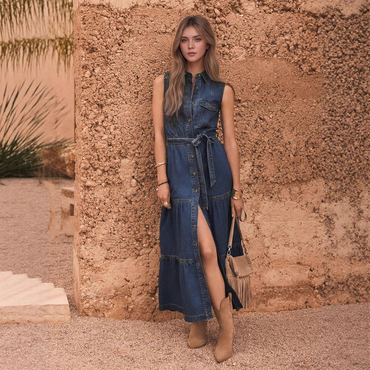 Blue Sleeveless with Waist Lace up Design Imitation Denim Material Single Row Multi Buckle Maxi Dress