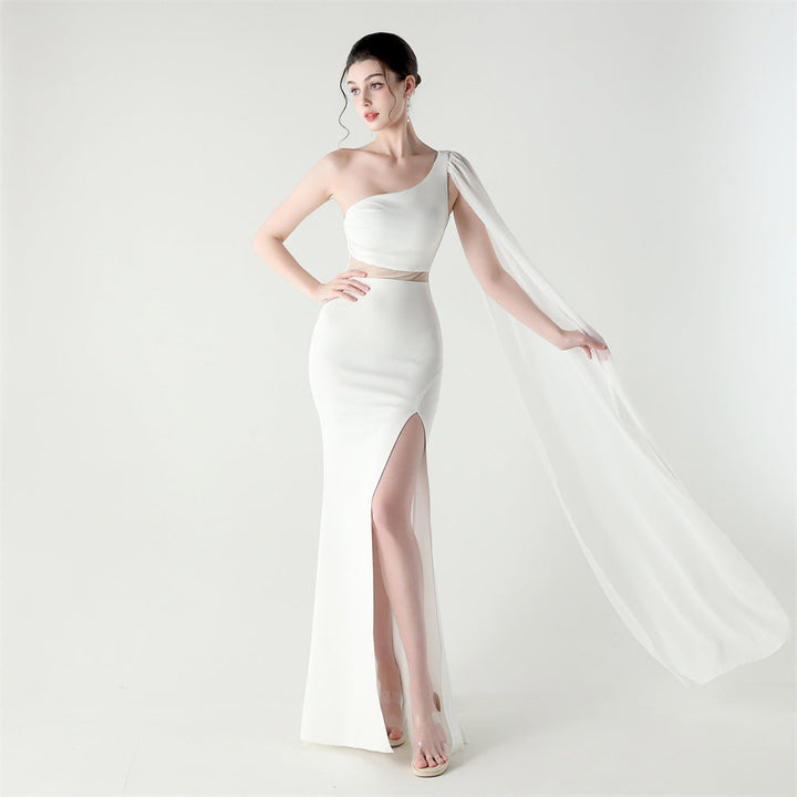 Single Shoulder Crossbody Stitching Mesh Design Satin Slim Cocktail Dress Evening Dress
