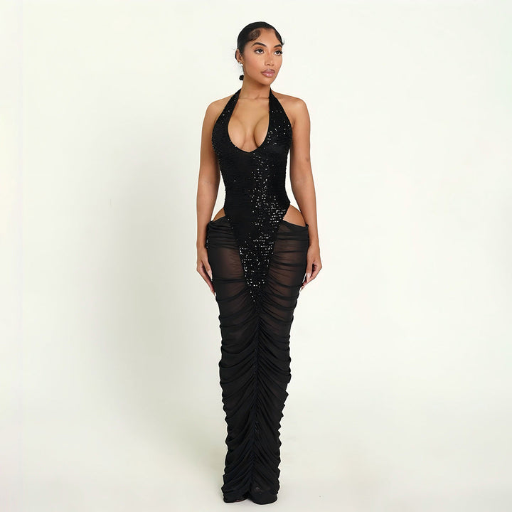Autumn Winter Women Clothing Fashionable Sequ Stitching Sexy Mesh See through Ruffle Hip Dress