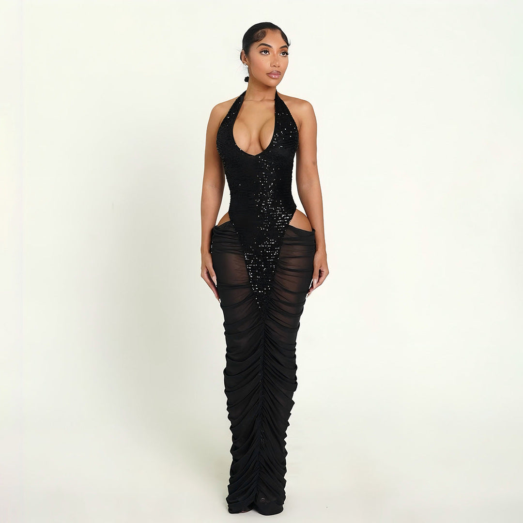 Autumn Winter Women Clothing Fashionable Sequ Stitching Sexy Mesh See through Ruffle Hip Dress