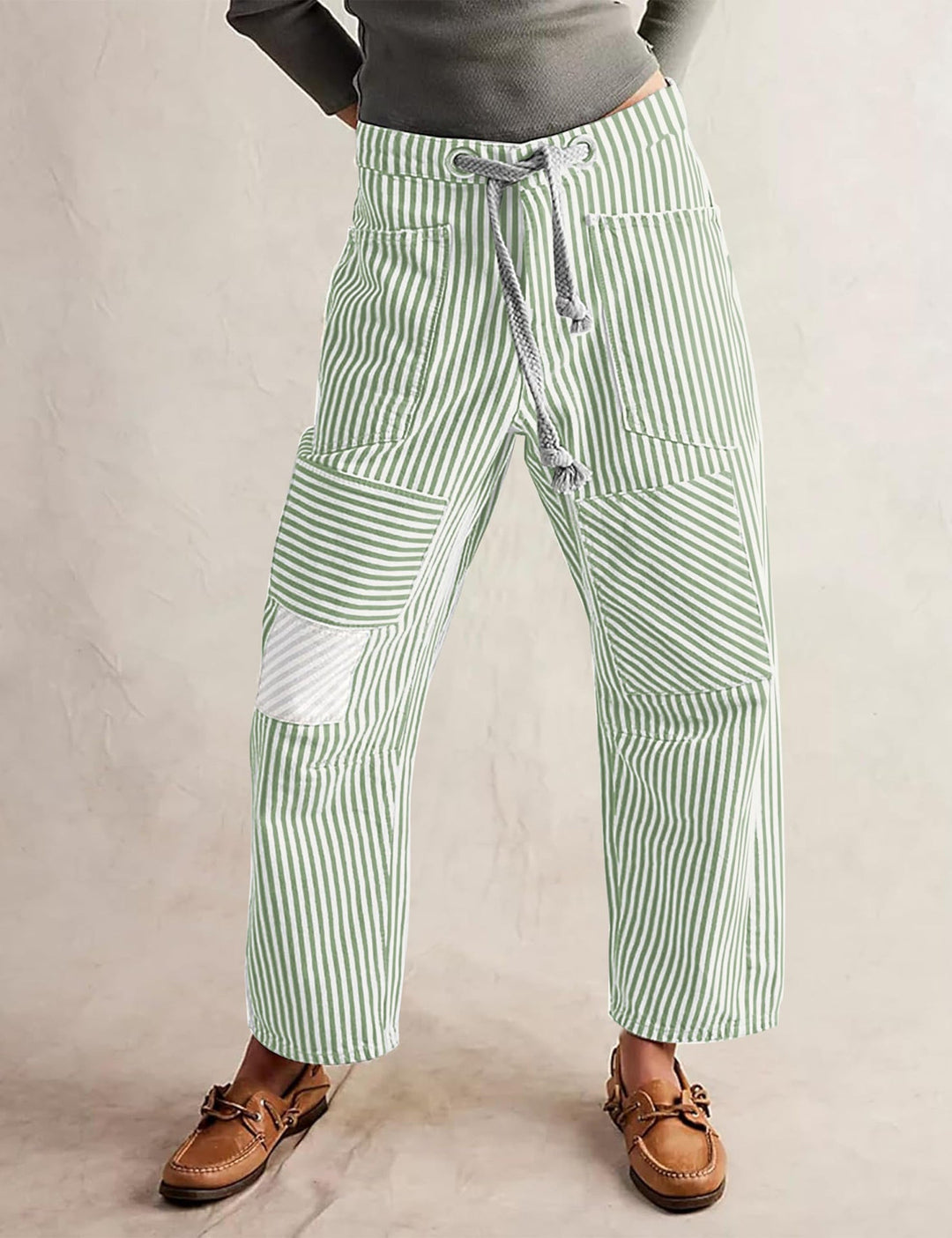 Mid Waist Office Casual Loose Wide Leg Striped Stitching Drawstring Pocket Trousers