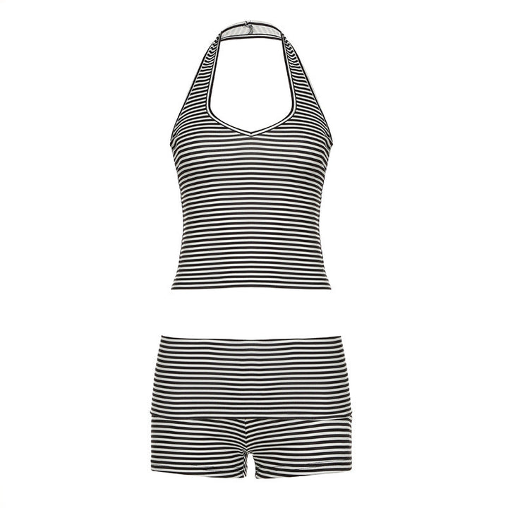 Street Sports Casual Black White Striped Halterneck Vest Flanging Shorts Summer Two Piece Sets