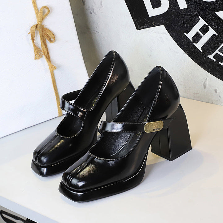 Retro High Heels Women Shoes Chunky Heel High Heel Waterproof Platform Metal Buckle Ankle Strap Shoes