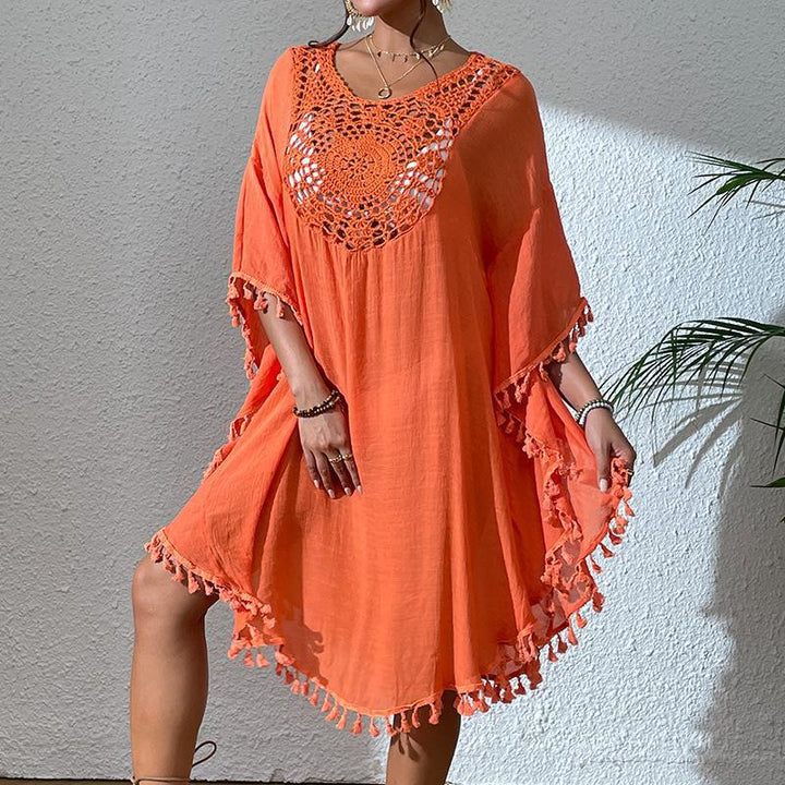Slubbed Fabric Stitching Hand Crocheting Beach Cover-up Sexy Loose Vacation Sun Protection Shirt Beach Cover Up