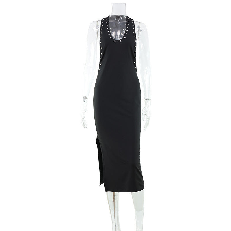 Sexy Personalized Perforated Slim Fit Slimming Sleeveless Halter Bare Back U Collar Waist High Elastic Solid Color Dress