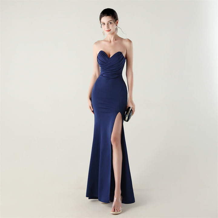 Wrapped Chest Folding Heart Shaped Collar Evening Dress Back Cross Strap Slimming Cocktail Bridesmaid Dress
