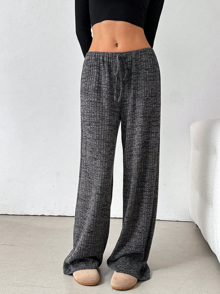 Autumn Winter Women Casual Striped Solid Color Rubber Band Drawstring Straight Leg Pants