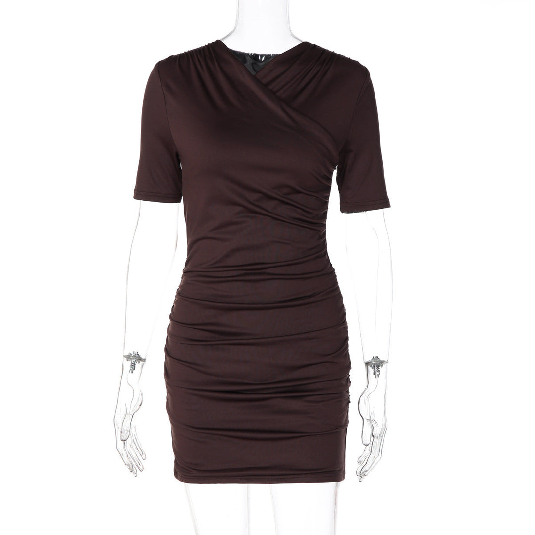 Women Clothing Solid Color Pleated Slim Fit Slimming Middle Sleeve Sheath Dress