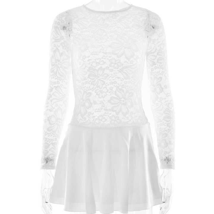 Spring Summer Lace Short round Neck Hollow Out Cutout out Slim Fitting Patchwork Ruffled Long Sleeve Dress