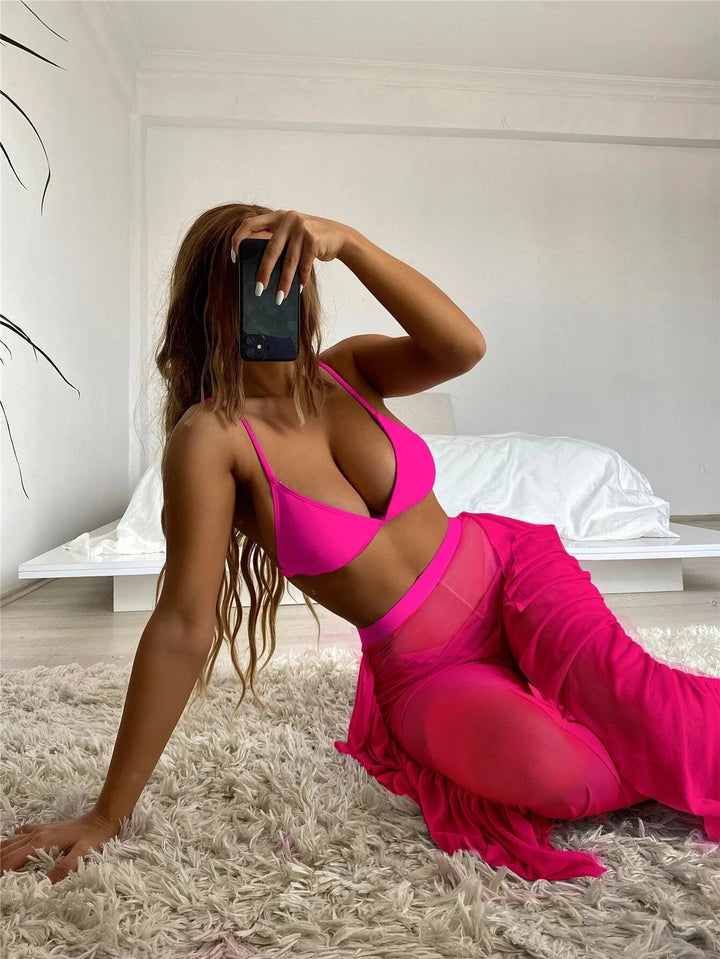 Swimsuit Women Split Three Piece Mesh Solid Color Trousers Bikini