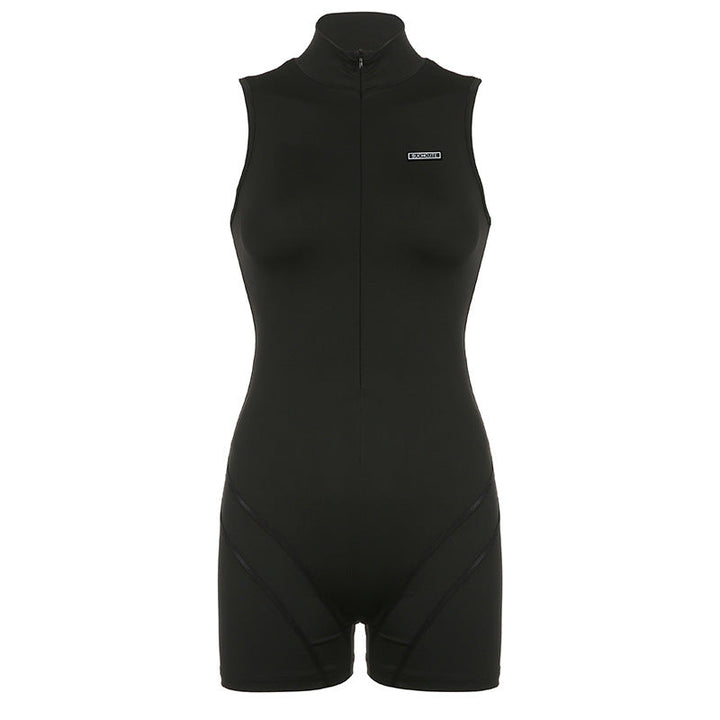 Women Clothing Summer Sleeveless Half Turtleneck Invisible Zipper Sports Jumpsuit Shorts