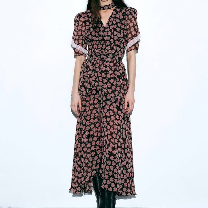 Digital Printing French Dress Women V neck Short Sleeve Front Slit Waist Seal Floral Dress