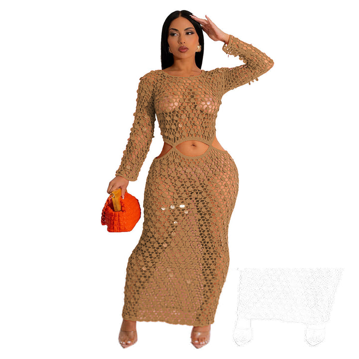 Women Clothing Handmade Knit Casual Cutout out Sequin Beach Dress