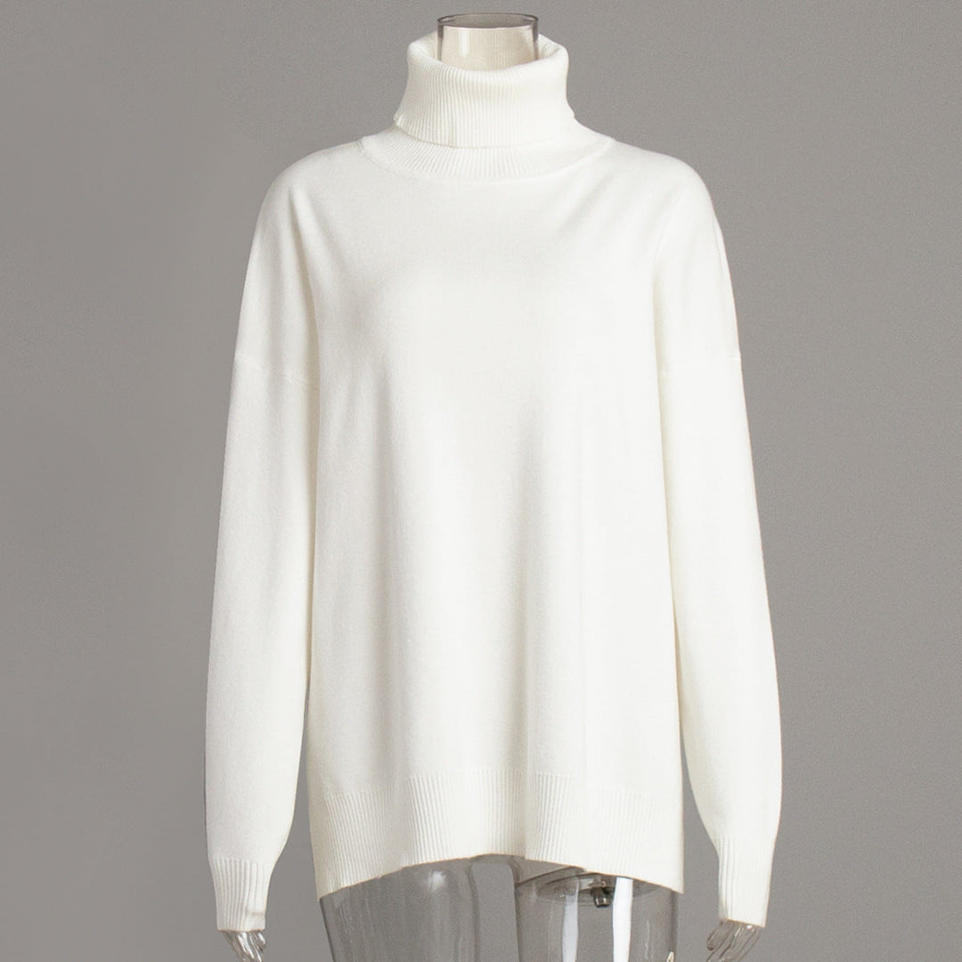 Turtleneck Sweater Women Autumn Winter Casual Sweater Slit Loose Solid Color Knitted Sweater