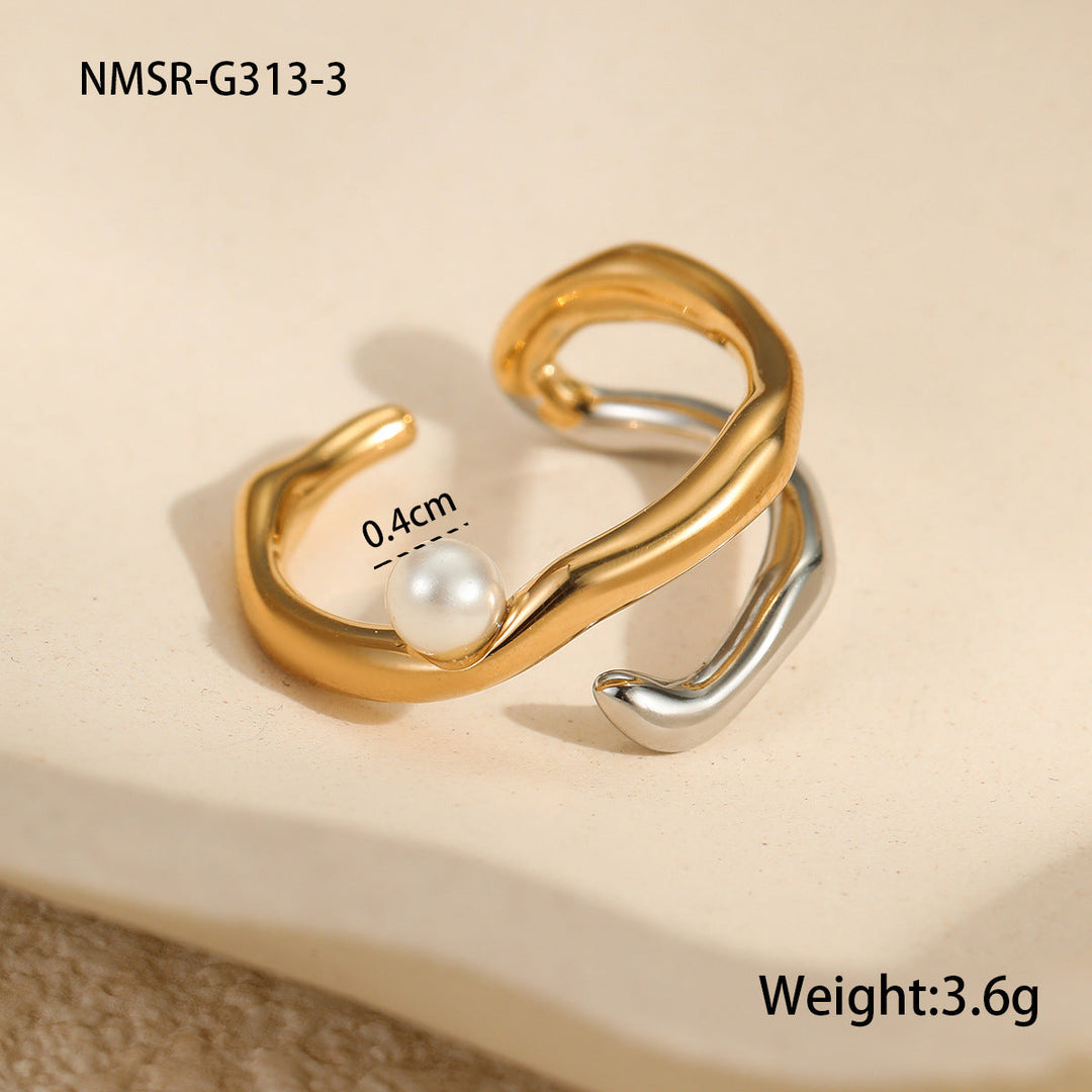 Geometric Abstract Design Irregular Asymmetric Stainless Steel Ring Color Matching Imitation Pearl Niche High Grade Ring